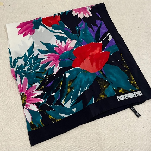 Vintage Christian Dior Silk Scarf Black Floral 32 x 34